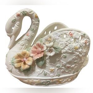 Ceramic Swan Planter Basket | Floral Embossed Lattice | Ivory Pastels | 6.5 In